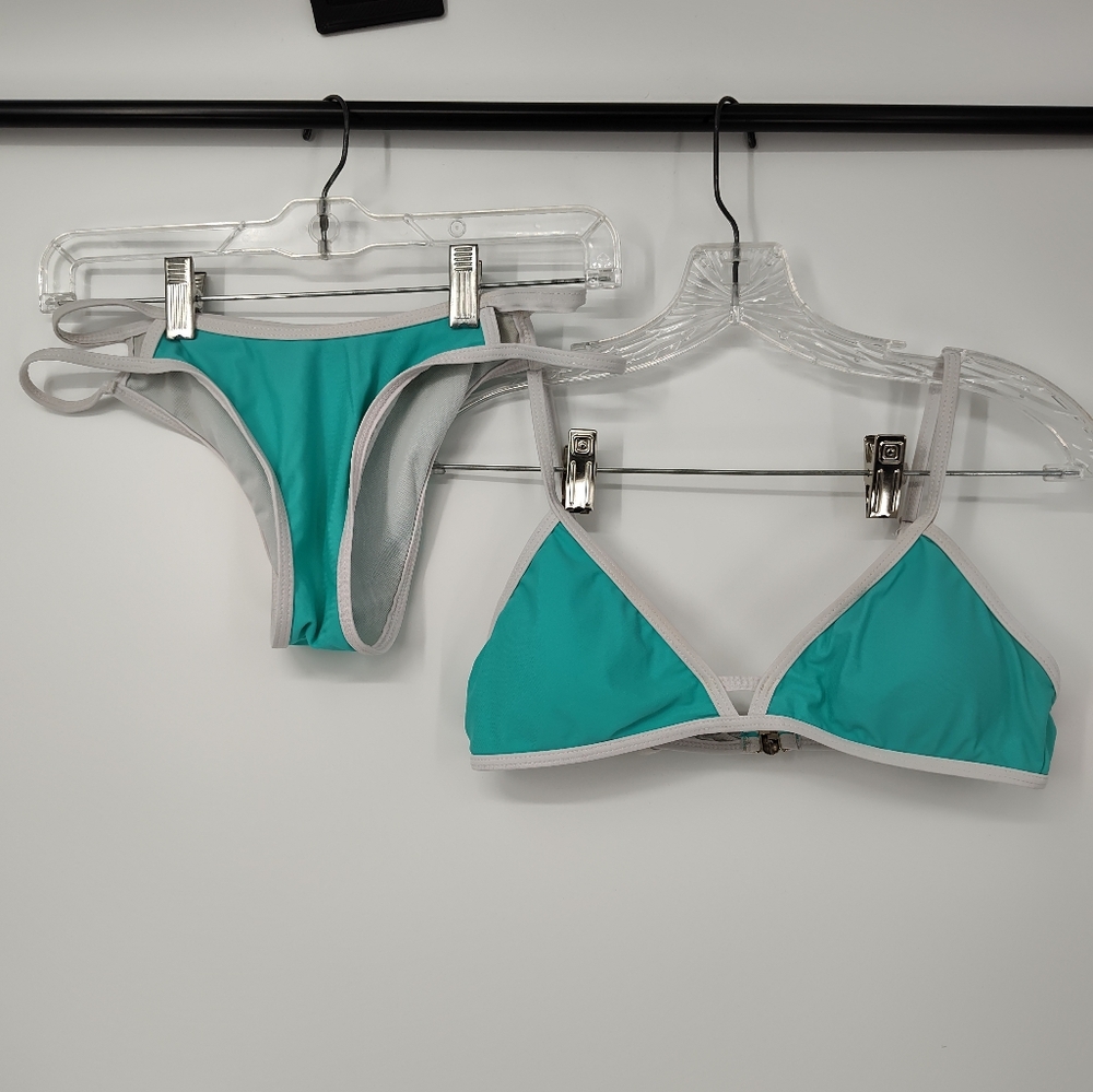 Women's Teal And White Bikini Set Size Medium